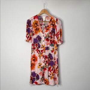 H&M Vibrant Floral Mini Short Sleeve Button Down Dress Size Small